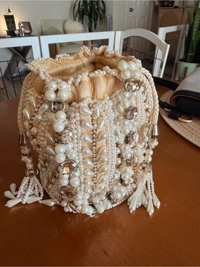 Pearl-Embellished Drawstring Evening Pouch in Champagne